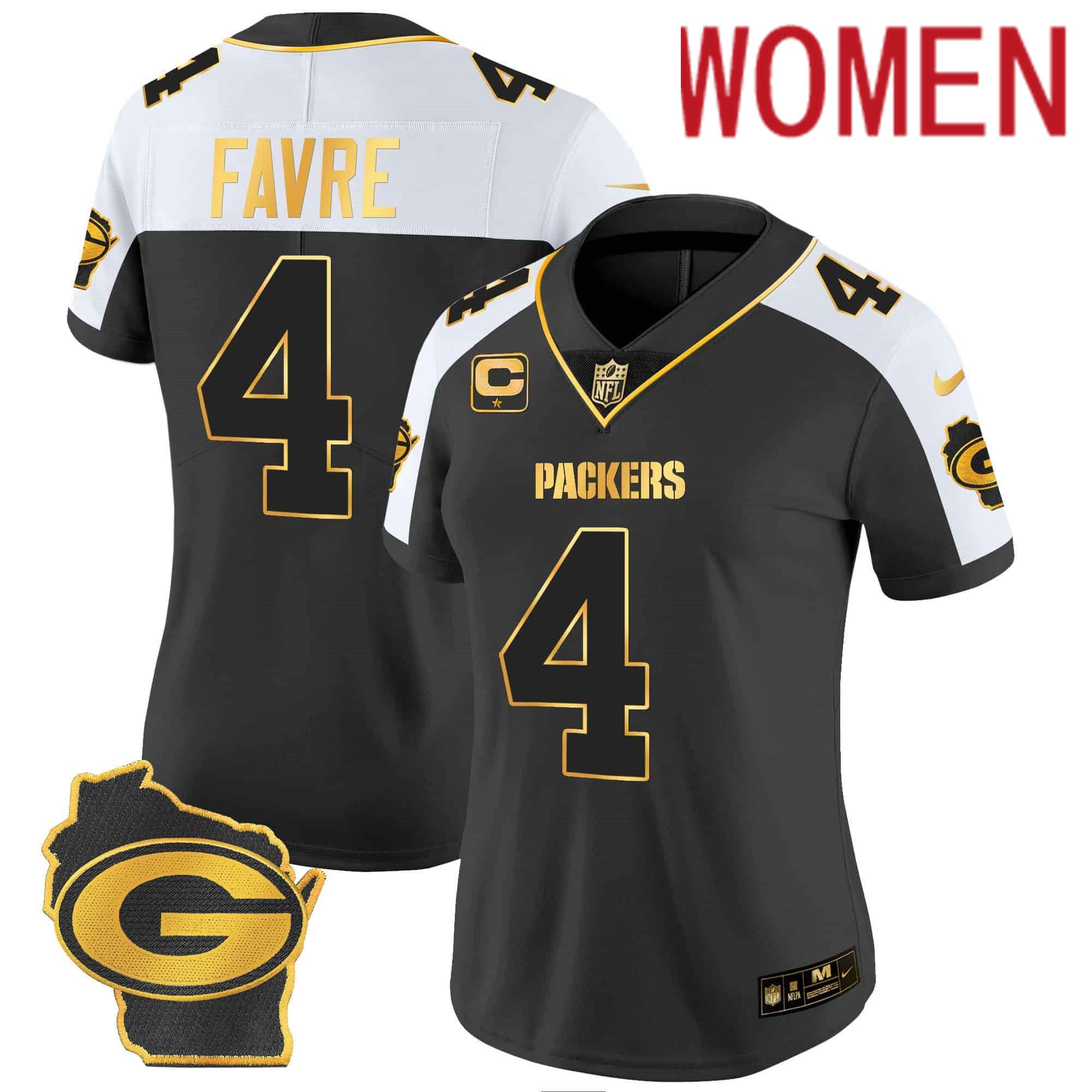 Women Green Bay Packers #4 Favre Black Gold 2024 Nike Home Patch Vapor NFL Jersey->women nfl jersey->Women Jersey
